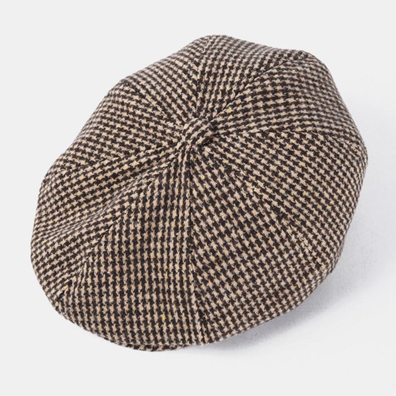 Mænd Bomuld Dacron Houndstooth Mønster Kortskygget Baret Flad Kasket Britisk Retro Ottekantet Hat