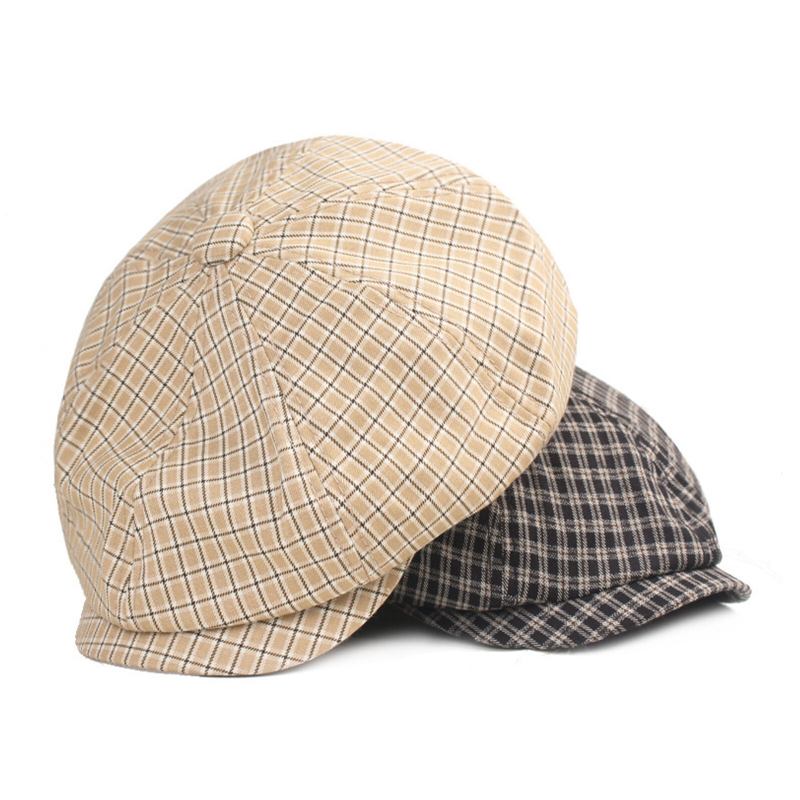 Mænd Bomuld Plaid Mønster Casual Octagonal Hatte Maler Hatte Baret Flade Kasketter