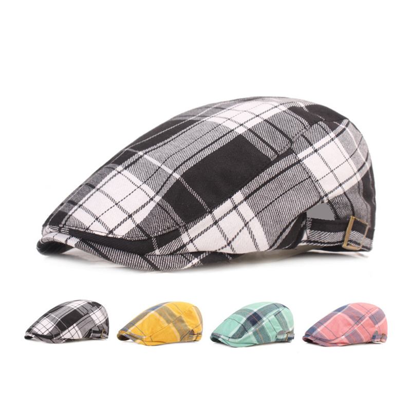 Mænd Bomuld Plaid Mønster Solskærm Kort Skygge Casual Vintage Forward Hatte Baret Flade Kasketter