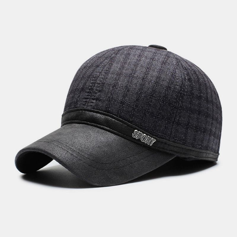 Mænd Bomuld Pu-brem Patchwork Gittermønster Baseballkasket Indbygget Høreværn Warm Ivy Cap