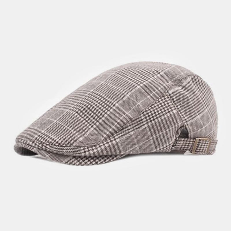 Mænd Bomulds Baret Kasket Plaid Mønster Casual Wild Forward Huer Flad Cap