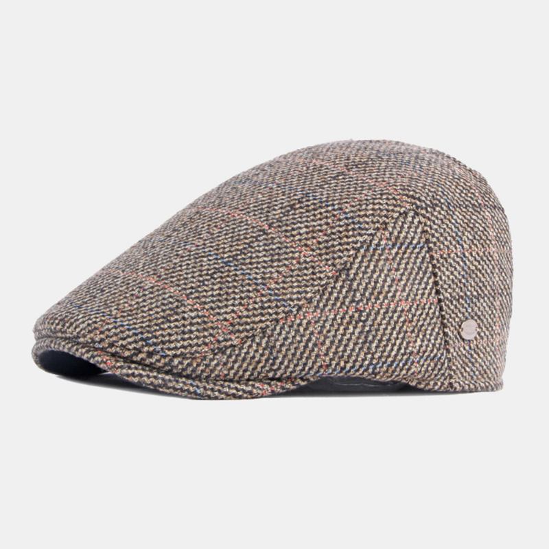 Mænd Bomuldsfarvet Gittermønster Plus Varme Baretter I Fløjl Britisk Retro Casual Solskærm Forward Huer Newsboy Hat