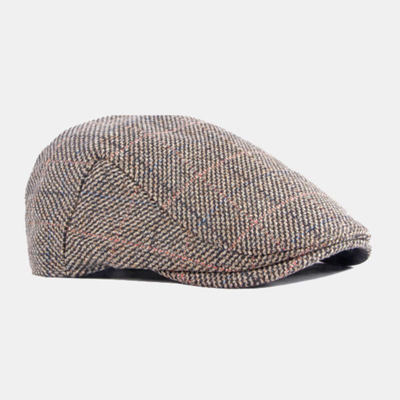 Mænd Bomuldsfarvet Gittermønster Plus Varme Baretter I Fløjl Britisk Retro Casual Solskærm Forward Huer Newsboy Hat