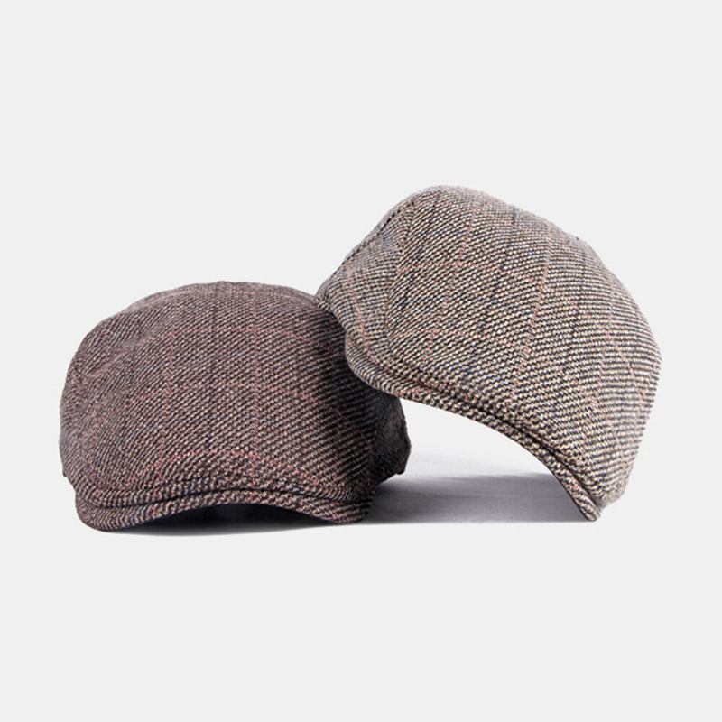 Mænd Bomuldsfarvet Gittermønster Plus Varme Baretter I Fløjl Britisk Retro Casual Solskærm Forward Huer Newsboy Hat