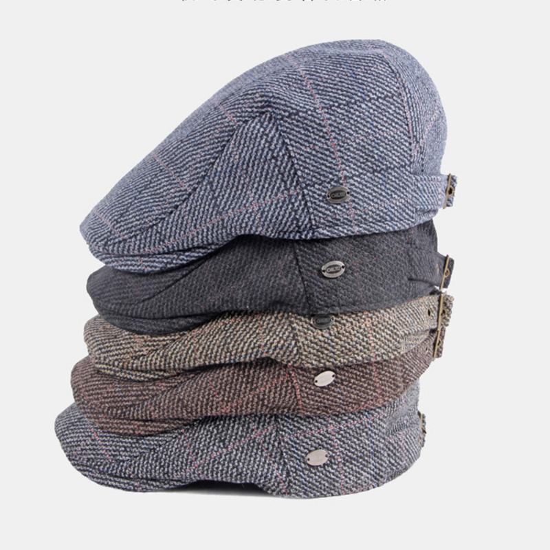 Mænd Bomuldsfarvet Gittermønster Plus Varme Baretter I Fløjl Britisk Retro Casual Solskærm Forward Huer Newsboy Hat