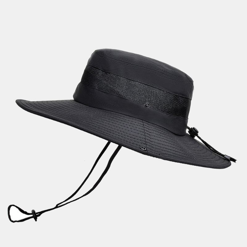 Mænd Bucket Huer Nylon Mesh Patchwork Solid Åndbar Bred Skygget Solcreme Udendørs Fiskeri Klatre Bucket Hat