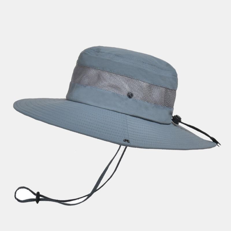 Mænd Bucket Huer Nylon Mesh Patchwork Solid Åndbar Bred Skygget Solcreme Udendørs Fiskeri Klatre Bucket Hat