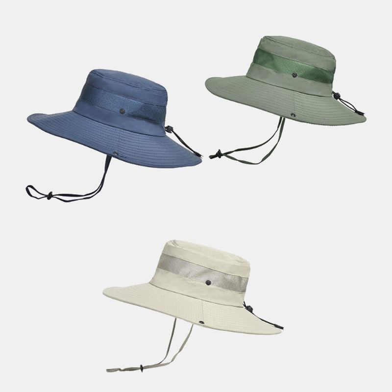 Mænd Bucket Huer Nylon Mesh Patchwork Solid Åndbar Bred Skygget Solcreme Udendørs Fiskeri Klatre Bucket Hat