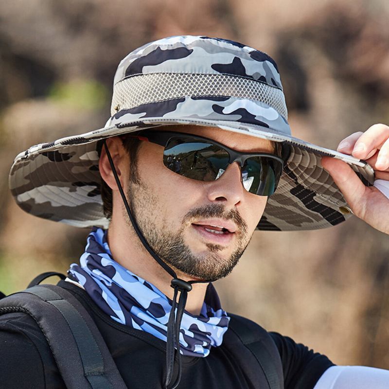 Mænd Bucket Huer Polyester Camouflage Mesh Åndbar Solcreme Med Bred Skygge Udendørs Fiskeri Klatre Bucket Hat