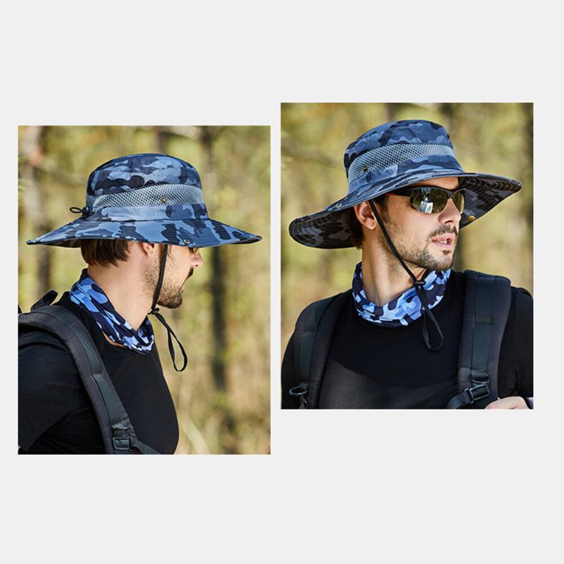 Mænd Bucket Huer Polyester Camouflage Mesh Åndbar Solcreme Med Bred Skygge Udendørs Fiskeri Klatre Bucket Hat