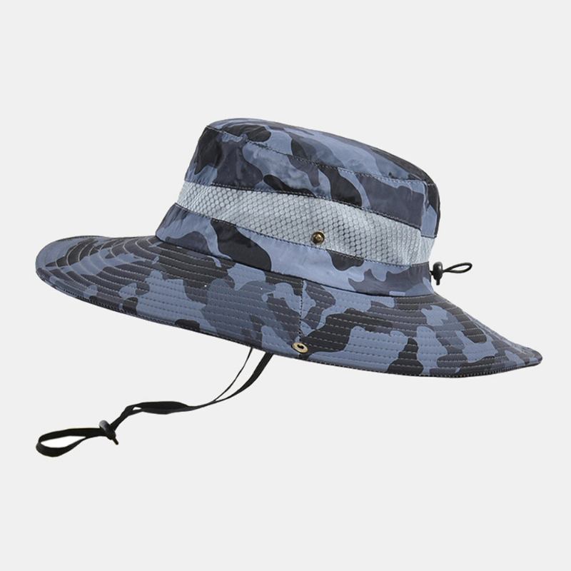 Mænd Bucket Huer Polyester Camouflage Mesh Åndbar Solcreme Med Bred Skygge Udendørs Fiskeri Klatre Bucket Hat