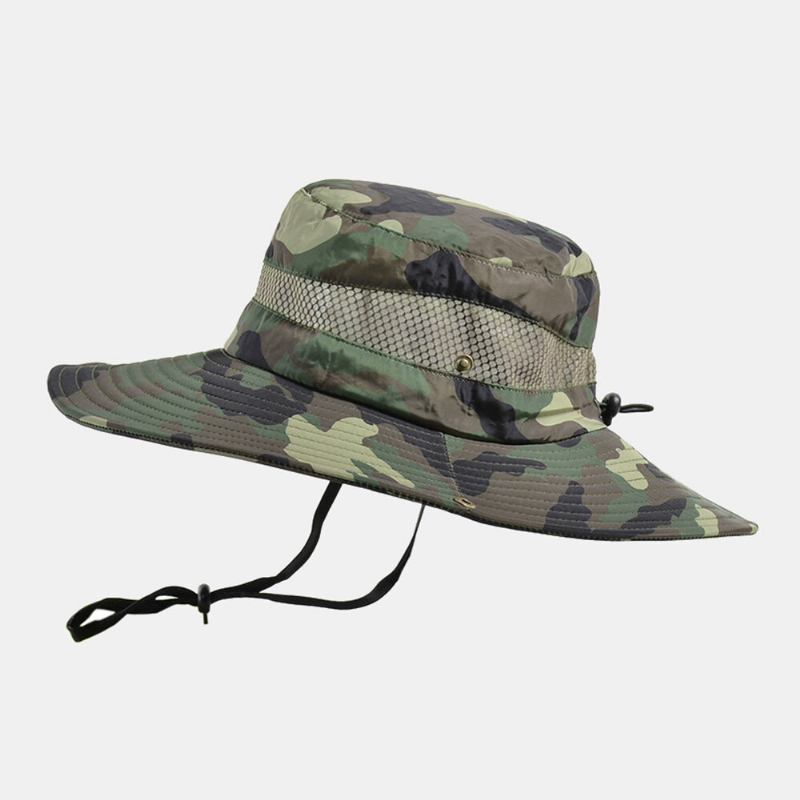 Mænd Bucket Huer Polyester Camouflage Mesh Åndbar Solcreme Med Bred Skygge Udendørs Fiskeri Klatre Bucket Hat