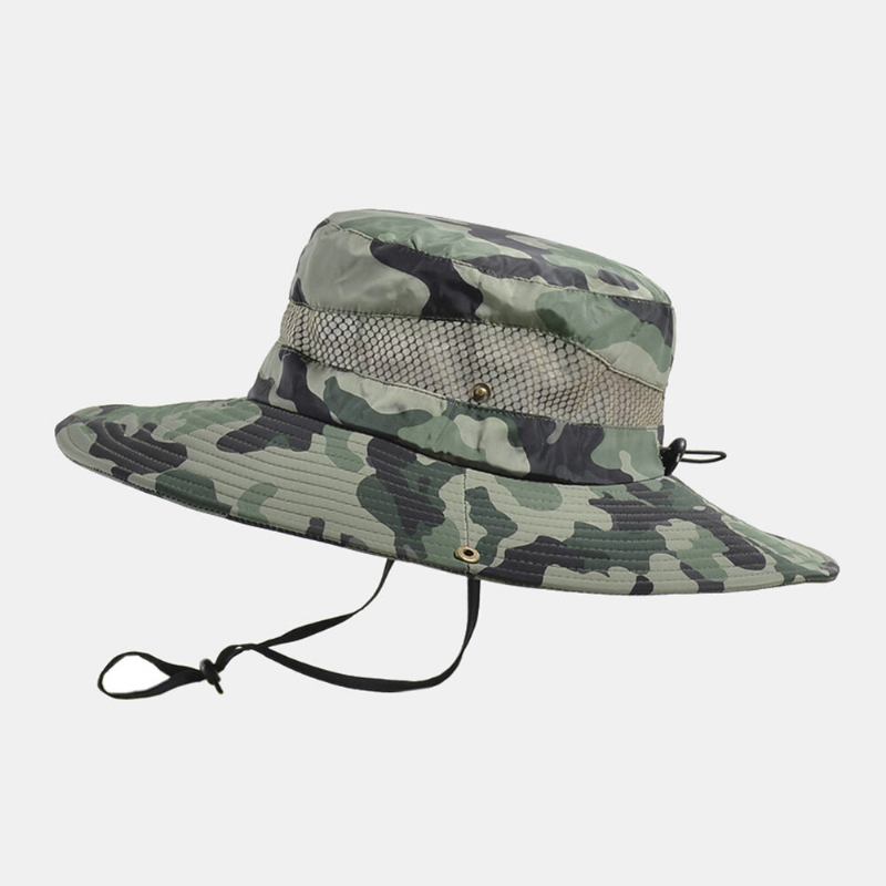 Mænd Bucket Huer Polyester Camouflage Mesh Åndbar Solcreme Med Bred Skygge Udendørs Fiskeri Klatre Bucket Hat