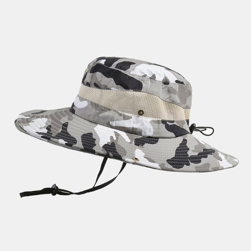 Mænd Bucket Huer Polyester Camouflage Mesh Åndbar Solcreme Med Bred Skygge Udendørs Fiskeri Klatre Bucket Hat