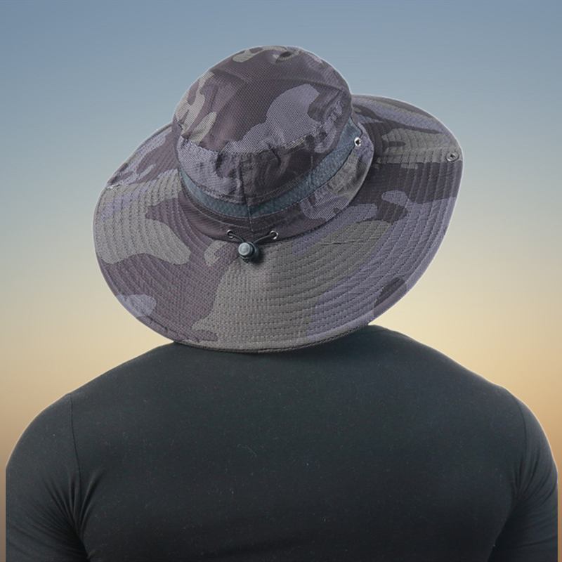 Mænd Bucket Huer Polyester Mesh Patchwork Camouflage Bred Skygge Hurtigttørrende Åndbar Solcreme Udendørs Fiskeri Klatre Bucket Hat