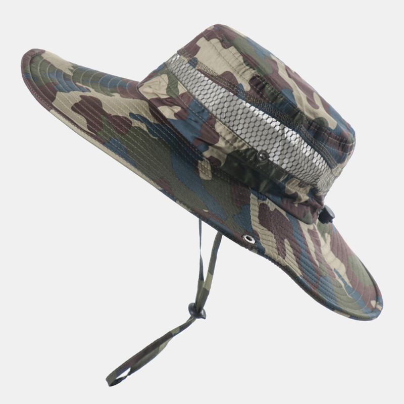 Mænd Bucket Huer Polyester Mesh Patchwork Camouflage Bred Skygge Hurtigttørrende Åndbar Solcreme Udendørs Fiskeri Klatre Bucket Hat