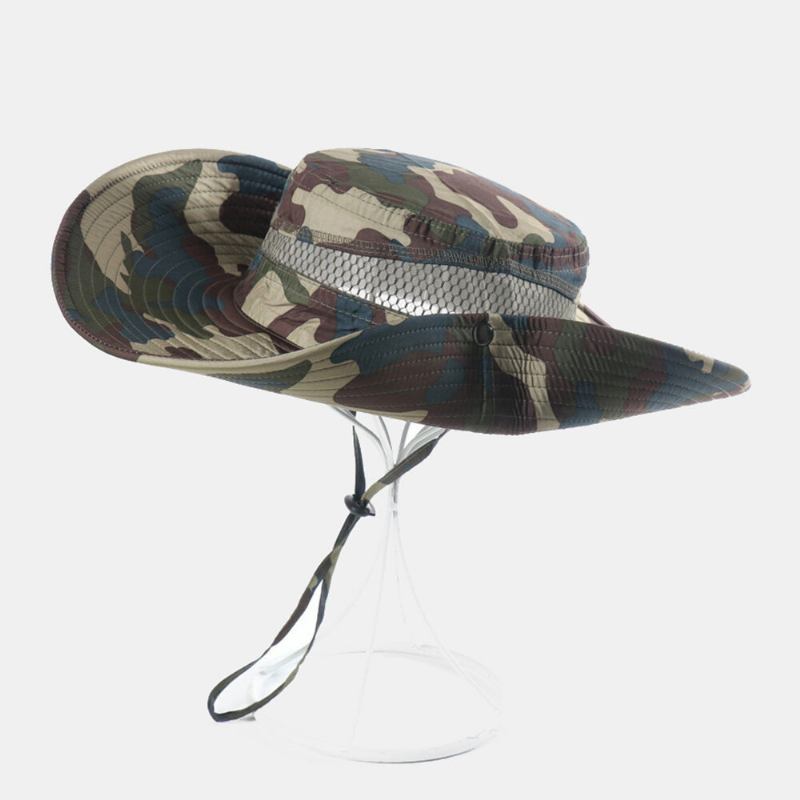 Mænd Bucket Huer Polyester Mesh Patchwork Camouflage Bred Skygge Hurtigttørrende Åndbar Solcreme Udendørs Fiskeri Klatre Bucket Hat