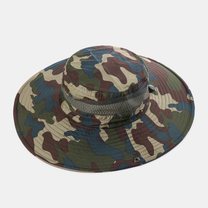 Mænd Bucket Huer Polyester Mesh Patchwork Camouflage Bred Skygge Hurtigttørrende Åndbar Solcreme Udendørs Fiskeri Klatre Bucket Hat