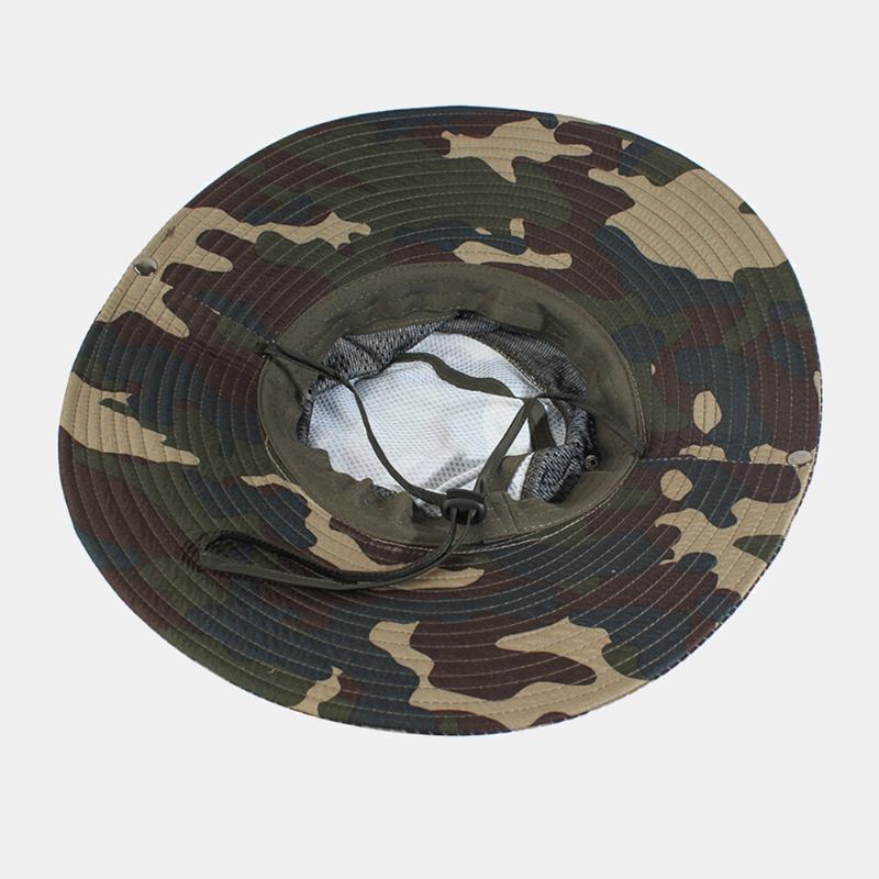 Mænd Bucket Huer Polyester Mesh Patchwork Camouflage Bred Skygge Hurtigttørrende Åndbar Solcreme Udendørs Fiskeri Klatre Bucket Hat