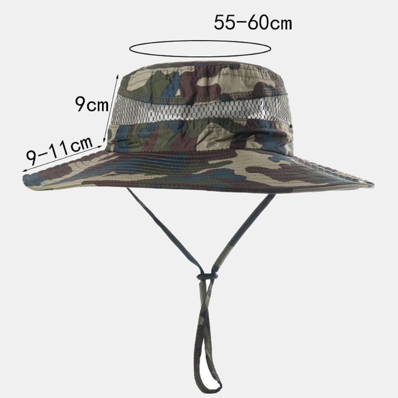 Mænd Bucket Huer Polyester Mesh Patchwork Camouflage Bred Skygge Hurtigttørrende Åndbar Solcreme Udendørs Fiskeri Klatre Bucket Hat