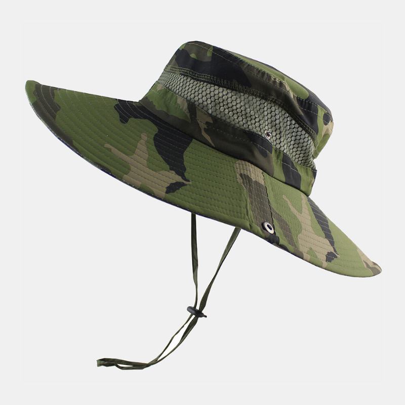 Mænd Bucket Huer Polyester Mesh Patchwork Camouflage Bred Skygge Hurtigttørrende Åndbar Solcreme Udendørs Fiskeri Klatre Bucket Hat