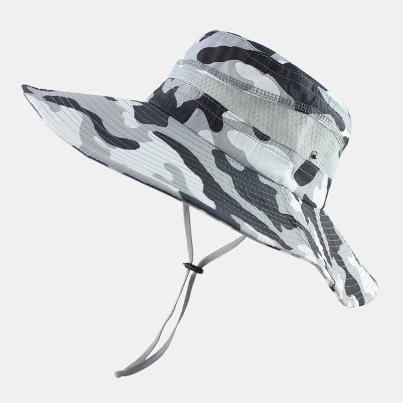 Mænd Bucket Huer Polyester Mesh Patchwork Camouflage Bred Skygge Hurtigttørrende Åndbar Solcreme Udendørs Fiskeri Klatre Bucket Hat