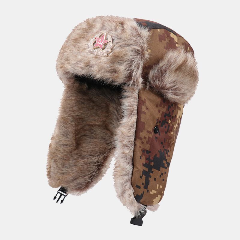 Mænd Camouflage Soviet Badge Trapper Huer Vinter Tykke Varm Kølig Beskyttelse Hørebeskyttelse Russisk Hat