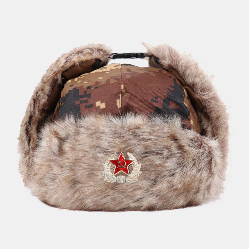 Mænd Camouflage Soviet Badge Trapper Huer Vinter Tykke Varm Kølig Beskyttelse Hørebeskyttelse Russisk Hat