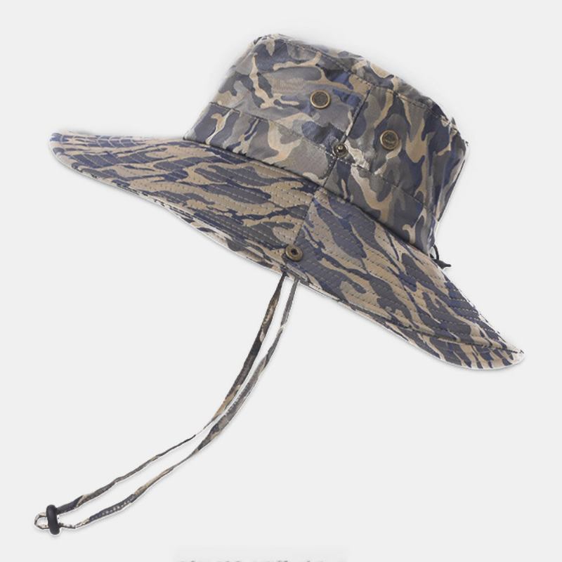 Mænd Camouflage Storbrem Vindtæt Reb Udendørs Fiskeri Klatring Anti-uv Solskærm Bucket Hat