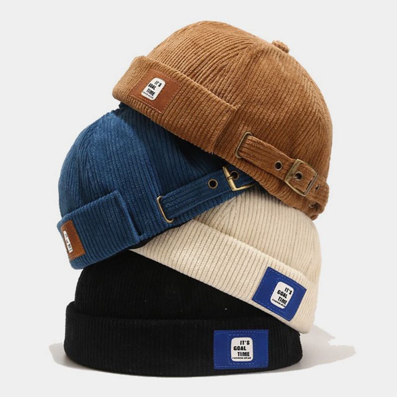 Mænd Corduroy Brev Label Justerbar Udlejer Huer Retro Stre Warm Solsejl Brimless Beanie Skull Cap