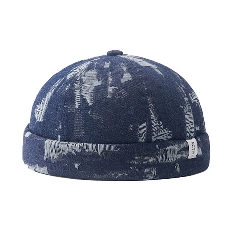 Mænd Denim Distressed Ripped Trendy All-match Justerbar Brimless Beanie Landlord Caps Skull Caps