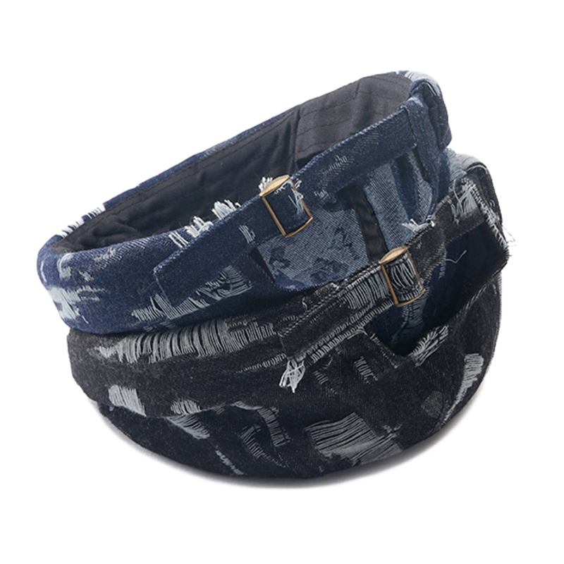 Mænd Denim Distressed Ripped Trendy All-match Justerbar Brimless Beanie Landlord Caps Skull Caps