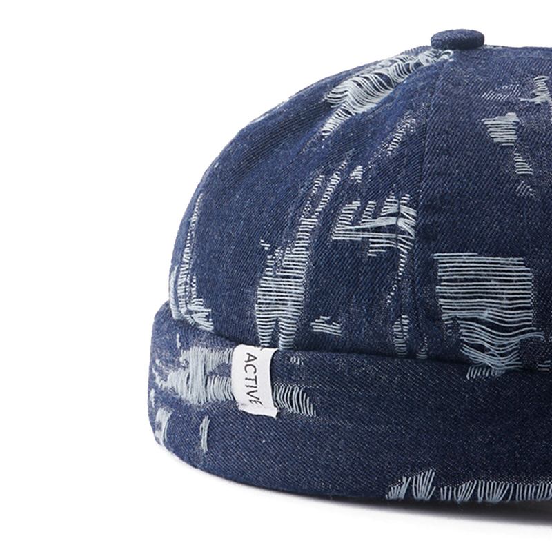 Mænd Denim Distressed Ripped Trendy All-match Justerbar Brimless Beanie Landlord Caps Skull Caps