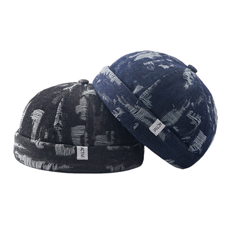 Mænd Denim Distressed Ripped Trendy All-match Justerbar Brimless Beanie Landlord Caps Skull Caps