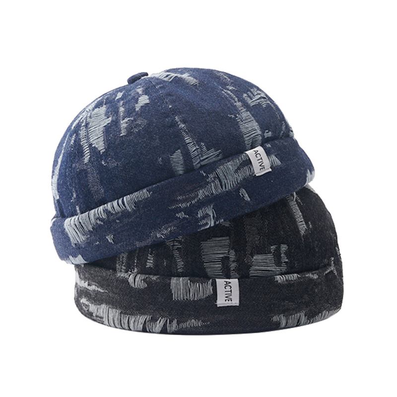 Mænd Denim Distressed Ripped Trendy All-match Justerbar Brimless Beanie Landlord Caps Skull Caps