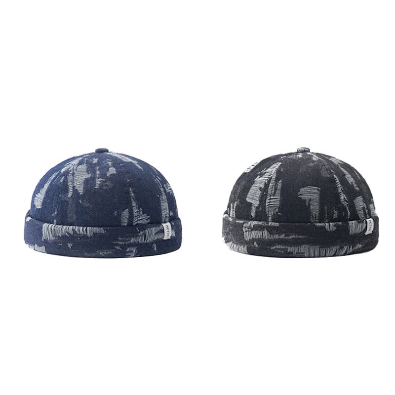 Mænd Denim Distressed Ripped Trendy All-match Justerbar Brimless Beanie Landlord Caps Skull Caps