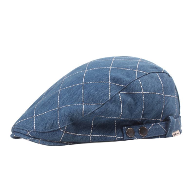 Mænd Denim Plaid Mønster Solsejl Kort Skygge Casual Vintage Fremad Hatte Baret Flade Kasketter