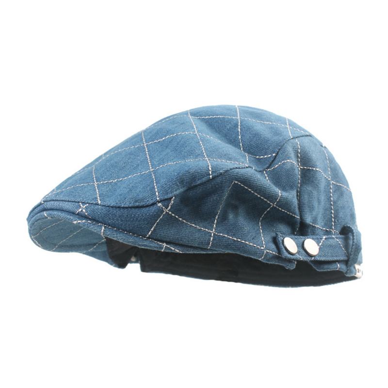 Mænd Denim Plaid Mønster Solsejl Kort Skygge Casual Vintage Fremad Hatte Baret Flade Kasketter