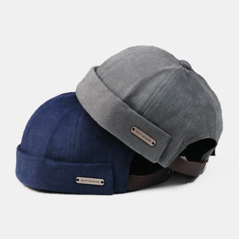 Mænd Dome Metal Label Justerbar Melon Kasket Retro Stree Efterår Varm Vindtæt Kantløs Beanie Udlejer Kasket Skull Cap