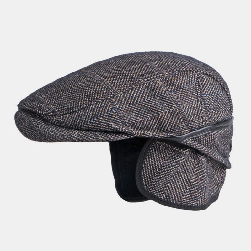 Mænd Ensfarvet Ørebeskyttelse Øreværn Design Vindtæt Flad Huer Britisk Retro Thicken Warm Baret Kasket Forward Hat