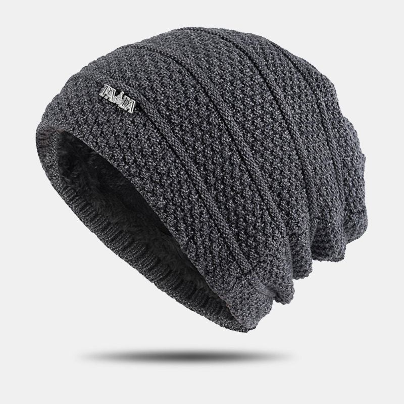 Mænd Ensfarvet Stribet Hue Plus Velvet Thicken Udendørs Varme Kantløs Beanie Hat