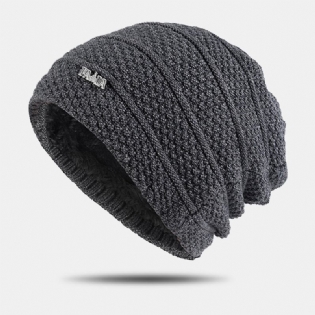 Mænd Ensfarvet Stribet Hue Plus Velvet Thicken Udendørs Varme Kantløs Beanie Hat