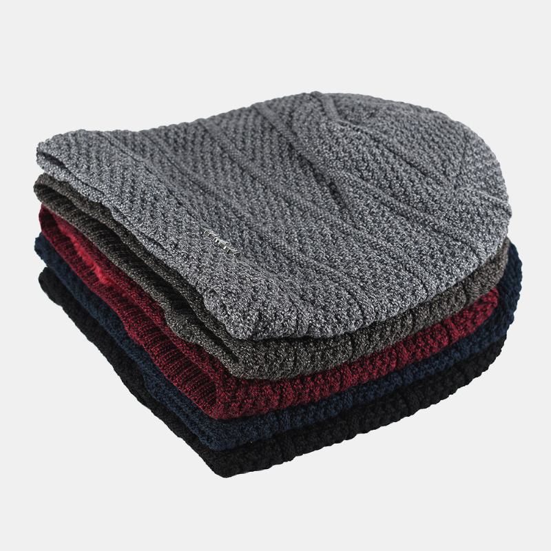 Mænd Ensfarvet Stribet Hue Plus Velvet Thicken Udendørs Varme Kantløs Beanie Hat