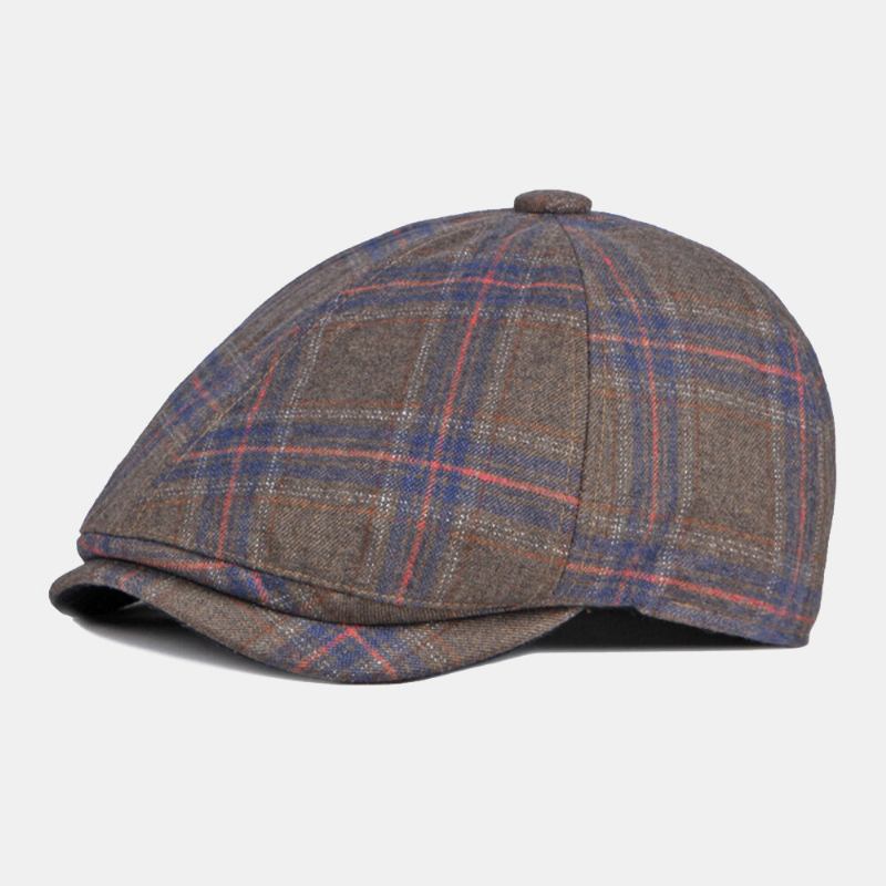 Mænd Farvet Plaid Buet Ottekantet Huer Britisk Retro Efterår Varm Justerbar Fremad Huer Newsboy Hat