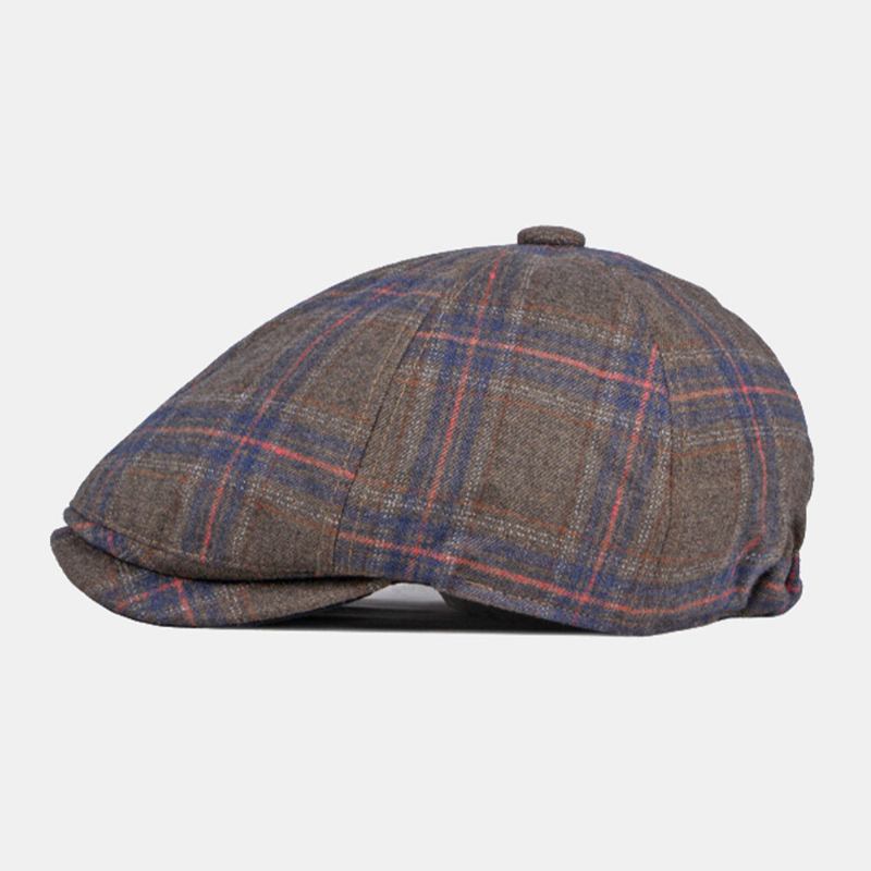 Mænd Farvet Plaid Buet Ottekantet Huer Britisk Retro Efterår Varm Justerbar Fremad Huer Newsboy Hat