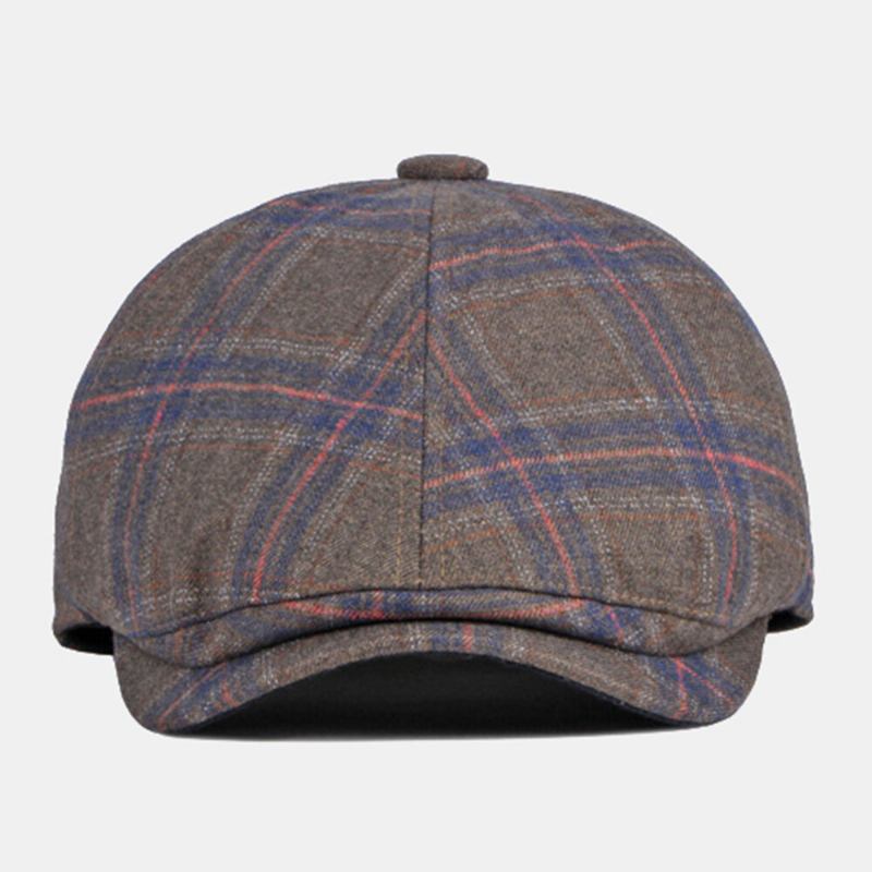 Mænd Farvet Plaid Buet Ottekantet Huer Britisk Retro Efterår Varm Justerbar Fremad Huer Newsboy Hat