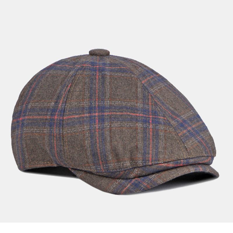 Mænd Farvet Plaid Buet Ottekantet Huer Britisk Retro Efterår Varm Justerbar Fremad Huer Newsboy Hat