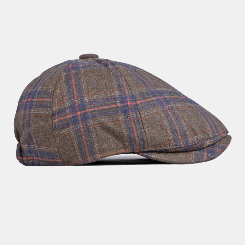 Mænd Farvet Plaid Buet Ottekantet Huer Britisk Retro Efterår Varm Justerbar Fremad Huer Newsboy Hat