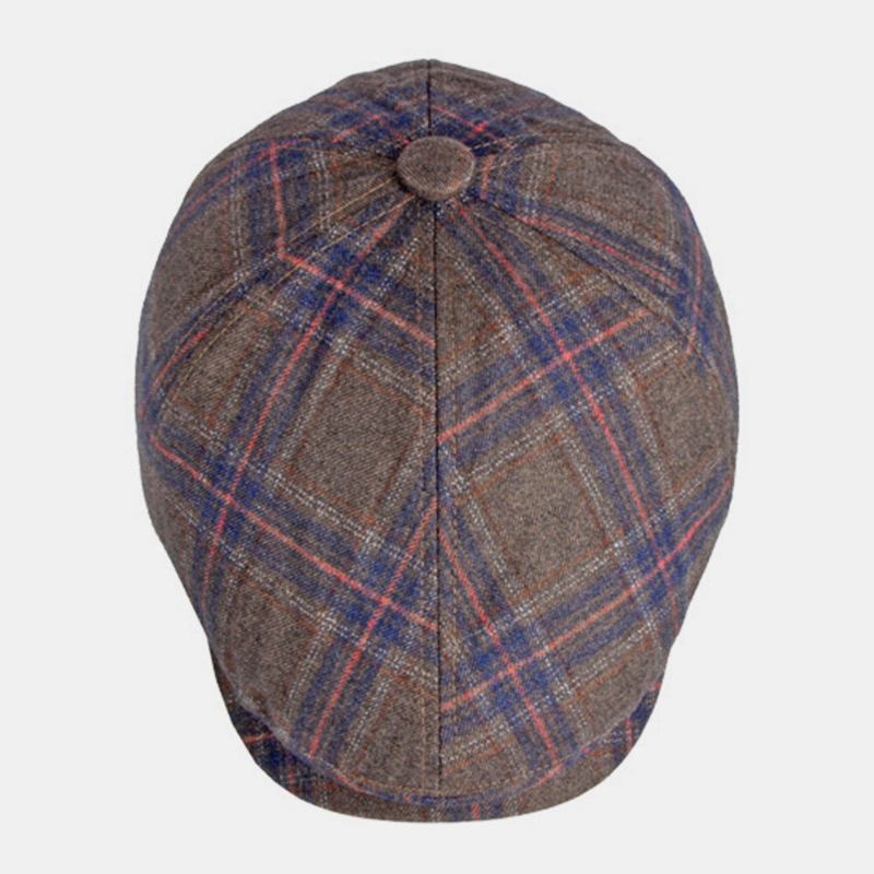 Mænd Farvet Plaid Buet Ottekantet Huer Britisk Retro Efterår Varm Justerbar Fremad Huer Newsboy Hat