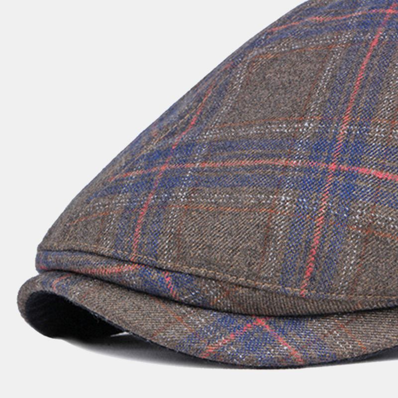 Mænd Farvet Plaid Buet Ottekantet Huer Britisk Retro Efterår Varm Justerbar Fremad Huer Newsboy Hat